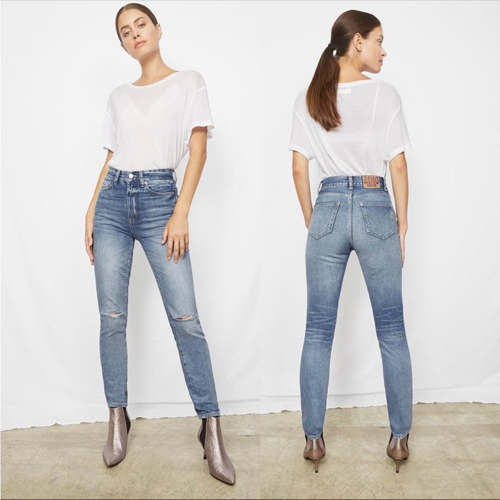 Anine Bing Nicky Jeans Size 26 Ultra High Waist Bleached Blue Wash Distressed